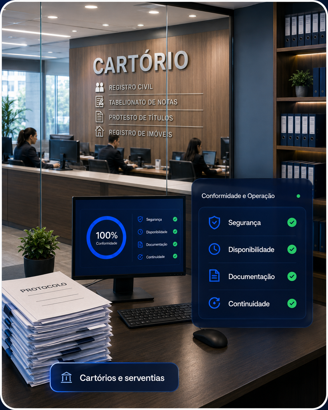 Ambiente moderno de cartório com painel de conformidade e continuidade operacional