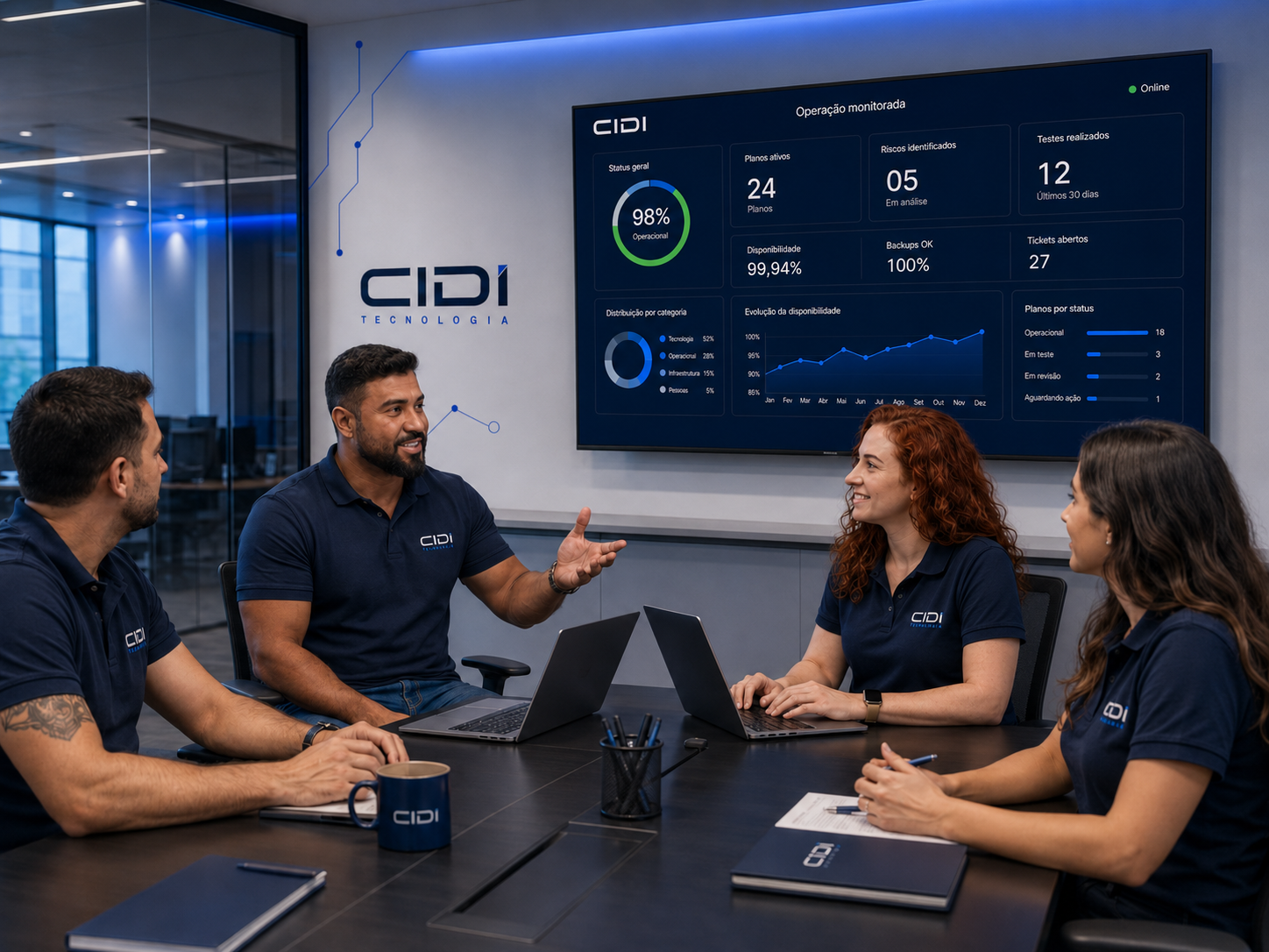 Equipe CIDI Tecnologia analisando indicadores de operação monitorada